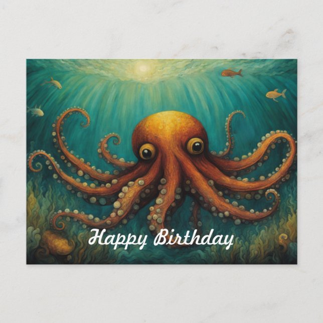 Cartão Postal O polvo sob o mar Feliz Aniversário (Frente)