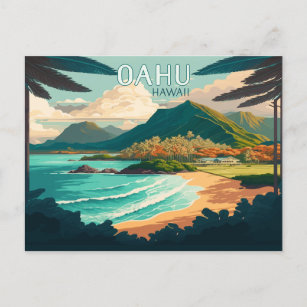 Cartão Postal Oahu Hawaii Beach Vintage Retro