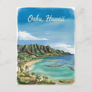 Cartão Postal Oahu Hawaii Beach Watercolor Painting