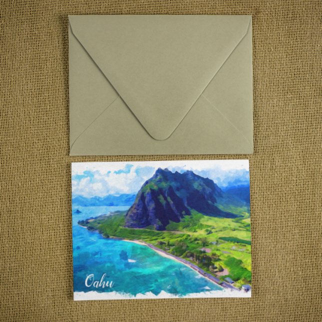 Cartão Postal Oahu Hawaii Panorama View Beach (Oahu Hawaii Travel Watercolor Postcard)