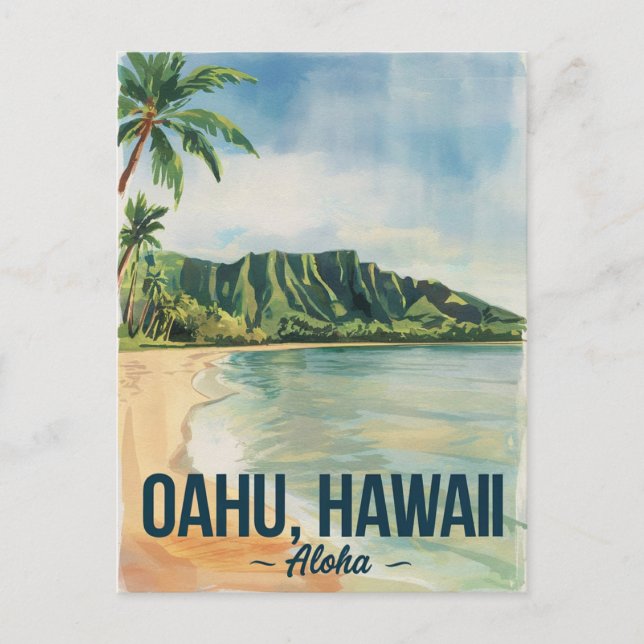 Cartão Postal Oahu Hawaii Watercolor Painting Viagem (Frente)