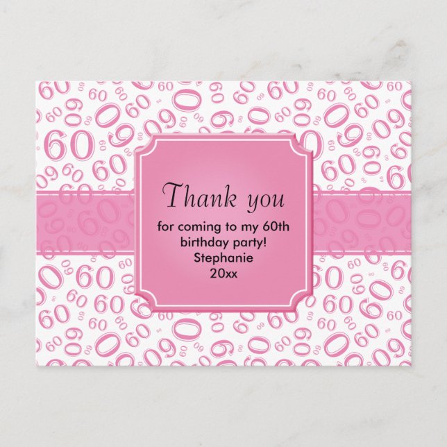 Cartão Postal Obrigado: 60º Aniversário Número Padrão Rosa/Branc (Frente)
