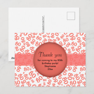 Cartão Postal Obrigado: 80º Padrão de Números Coral/Branco