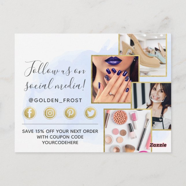 Cartão Postal Obrigado Água Azul Claro Aquarela & Dourado 4-Foto (Verso)