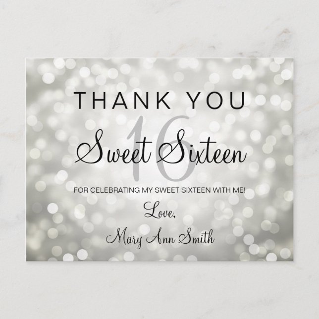 Cartão Postal Obrigado Anote As Luzes Doce De 16 Silver Glitter (Frente)