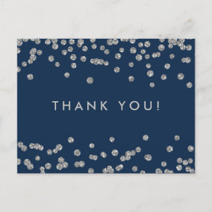 Cartão Postal Obrigado Anote O Marinho Silver Faux Glitter Confe