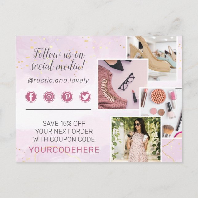 Cartão Postal Obrigado Antlers Florais Rosa Dourado Marble 4-Fot (Verso)