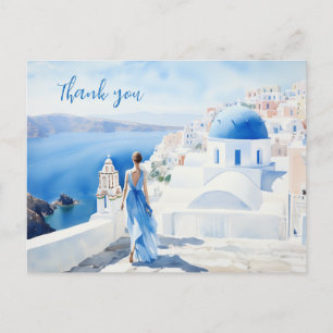 Cartão Postal Obrigado Aquarela, Cor azul, Santorini,