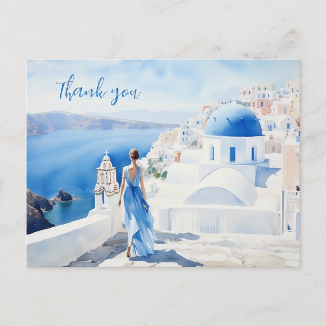 Cartão Postal Obrigado Aquarela, Cor azul, Santorini, (Frente)