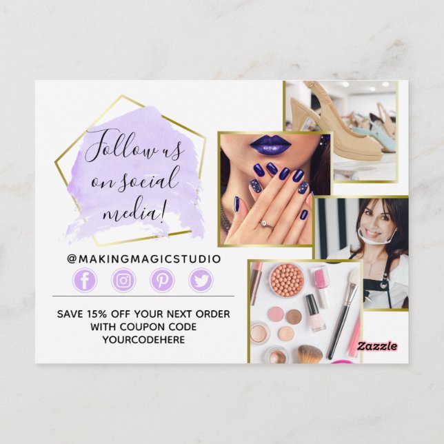 Cartão Postal Obrigado Aquarela Cristais & Dourado Boho 4-Fotos (Verso)