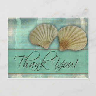 Cartão Postal Obrigado azul-aqua - com conchas no mar