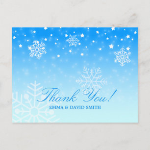 Cartão Postal Obrigado azul do casamento no inverno dos flocos