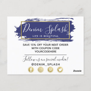 Cartão Postal Obrigado Blue Paint Stroke e Modern Dourado Geo