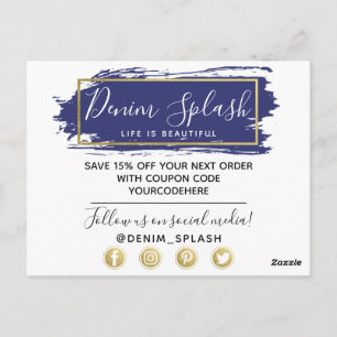 Cartão Postal Obrigado Blue Paint Stroke e Modern Dourado Geo