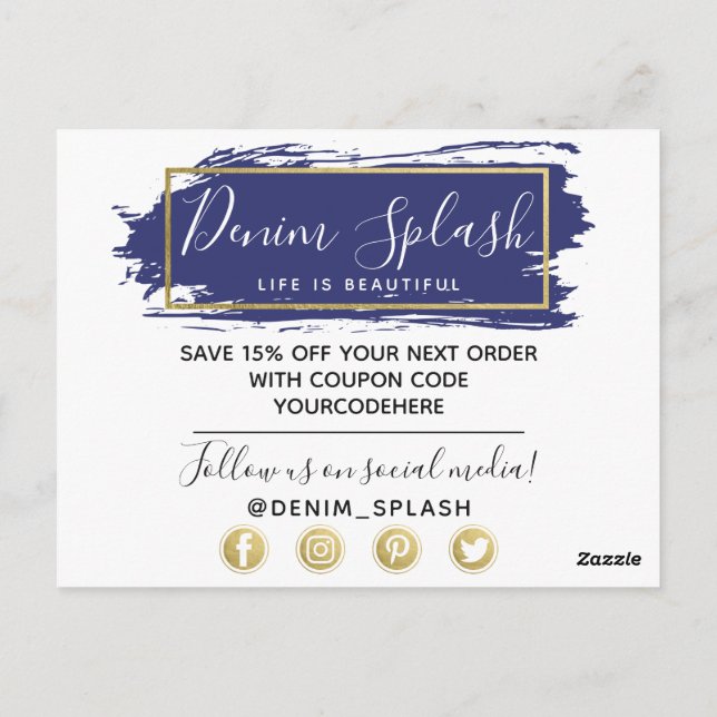 Cartão Postal Obrigado Blue Paint Stroke e Modern Dourado Geo (Verso)