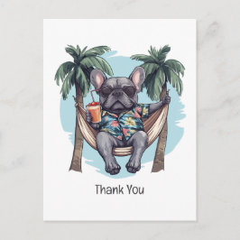 Cartão Postal Obrigado Bulldog Francês em Topo Havaiano