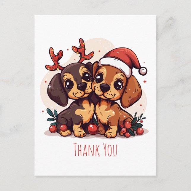 Cartão Postal Obrigado Cachorros Dachshund de Natal (Frente)