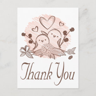 Cartão Postal Obrigado Casais de Pombinhos Rosa e Marrom Amor de