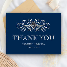Cartão Postal Obrigado Casamento Azul Naval com Floreio Prateado