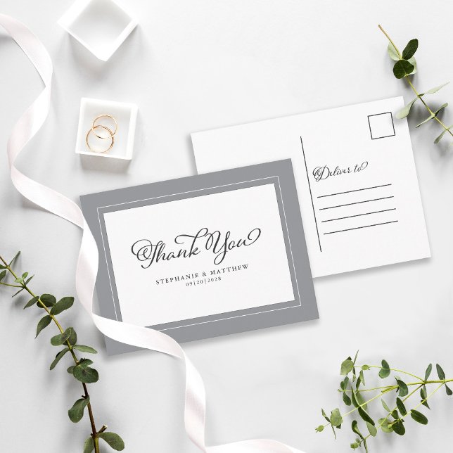 Cartão Postal Obrigado Casamento Caligrafia Moderna Cinza Elegan (Criador carregado)