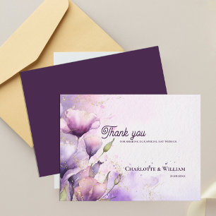 Cartão Postal Obrigado Casamento Floral Lavanda Romântico Dourad