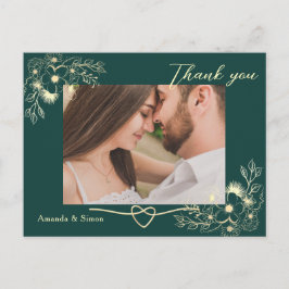 Cartão Postal Obrigado Casamento Floral Ouro Esmeralda