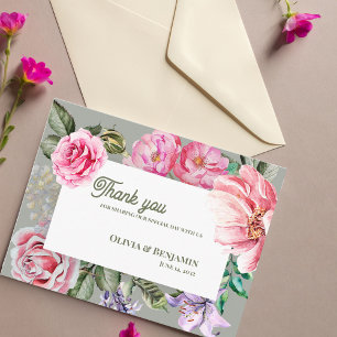 Cartão Postal Obrigado Casamento Floral Rosa Vintage Romântico