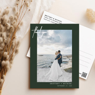 Cartão Postal Obrigado Casamento Foto Moderno Verde Escuro