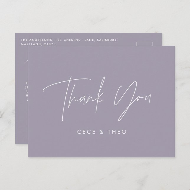 Cartão Postal obrigado-chá de fraldas-lilac-roxo-elegante-modern (Frente/Verso)