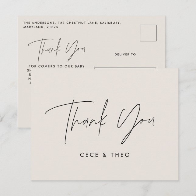 Cartão Postal obrigado chá de fraldas você chora elegante modern (Frente/Verso)