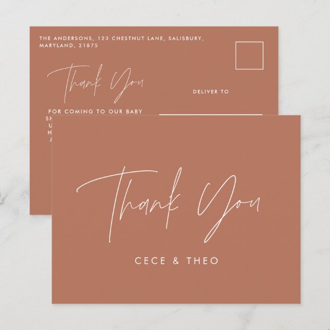 Cartão Postal obrigado chá de fraldas você terracotta elegante m (Frente/Verso)