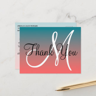 Cartão Postal Obrigado com Glitter Monograma Ombre Coral Azul