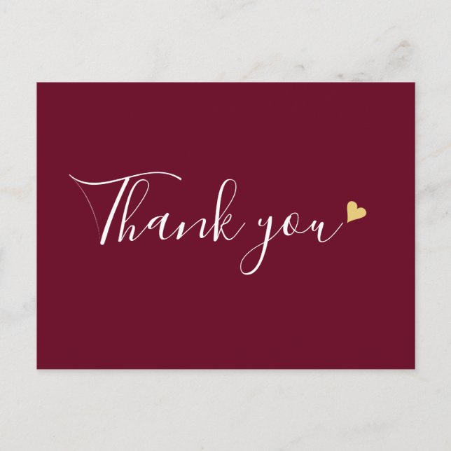 Cartão Postal Obrigado Comercial Burgundy Gold Heart Script (Frente)
