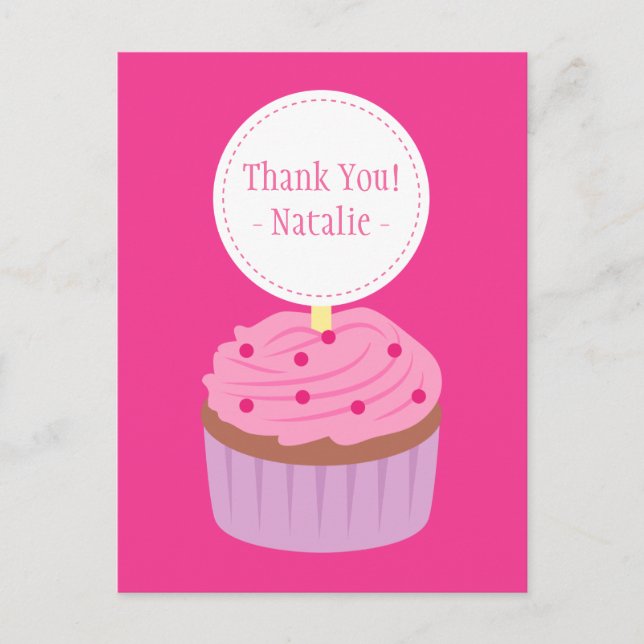 Cartão Postal Obrigado, Cupcake Doce, Rosa (Frente)