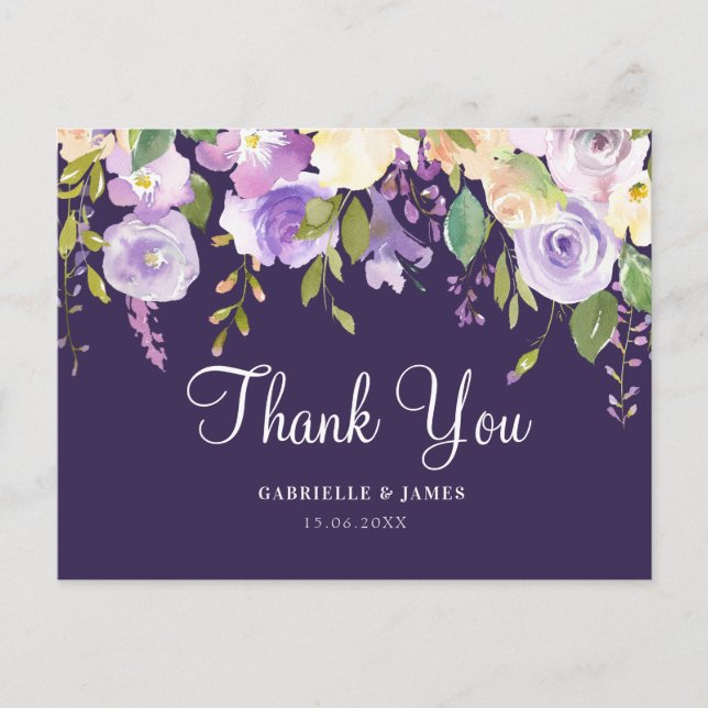 Cartão Postal Obrigado de casamento floral púrpura (Frente)