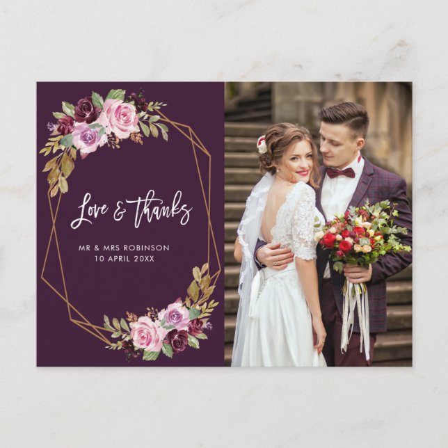 Cartão Postal obrigado de casamento floral roxo moderno você car (Frente)
