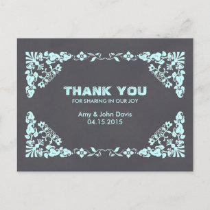 Cartão Postal Obrigado de casamento tema damasco de menta do qua
