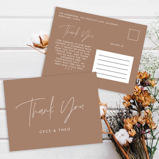 Cartão Postal obrigado de chá de fraldas, elegante e marrom natu (Criador carregado)