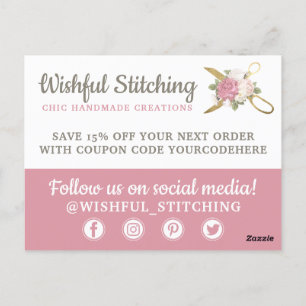 Cartão Postal Obrigado Dourada costurando tesoura Chique Floral