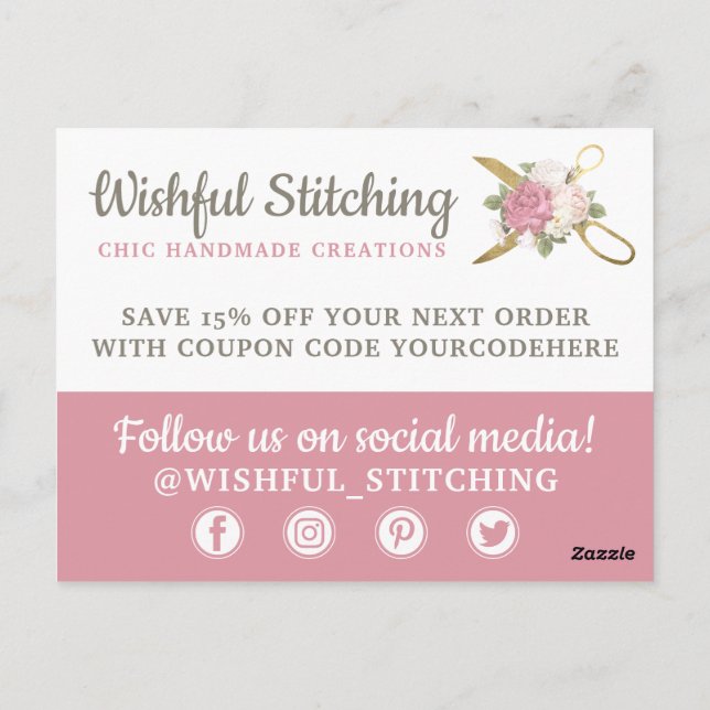 Cartão Postal Obrigado Dourada costurando tesoura Chique Floral (Verso)