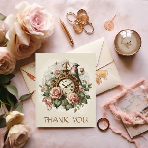 Cartão Postal Obrigado Elegante Relógio Antigo Rosa Floral Pássa