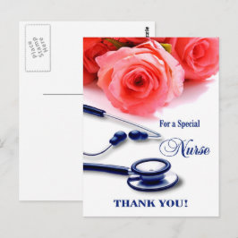 Cartão Postal Obrigado Enfermeira. Rosas e Estetoscópio
