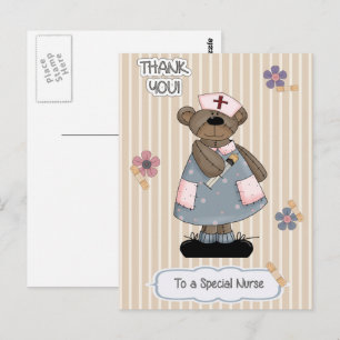Cartão Postal Obrigado Enfermeira. Urso de pelúcia Enfermeira Fo