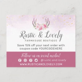 Cartão Postal Obrigado Floral Antlers Blush Rosa & Mármore Doura