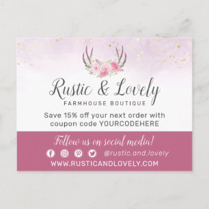 Cartão Postal Obrigado Floral Antlers Blush Rosa & Mármore Doura