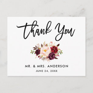 Cartão Postal Obrigado Floral Casamento Script Pincel Borgonha