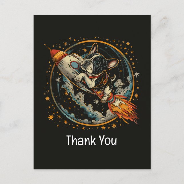 Cartão Postal Obrigado Foguete Bulldog Francês Astronauta (Frente)