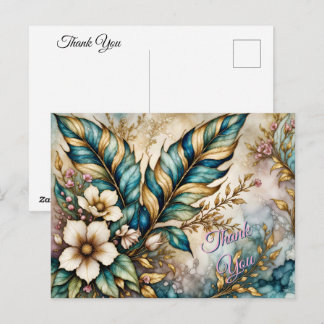 Cartão Postal OBRIGADO! Folhas Verde Azul, Floral Rosa sobre Dou