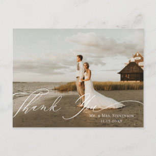 Cartão Postal Obrigado Foto Casamento Caligrafia Floral Neutra