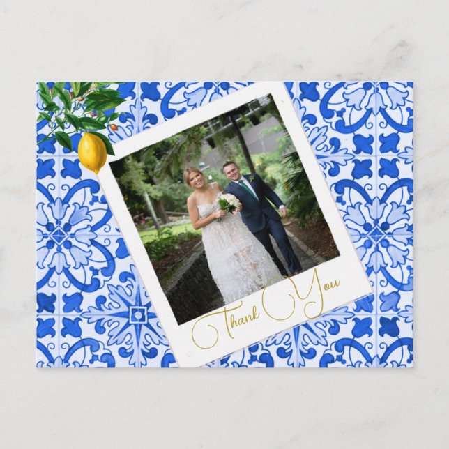 Cartão Postal Obrigado Foto De Casamento Lemon Blue Azulejo Eleg (Frente)